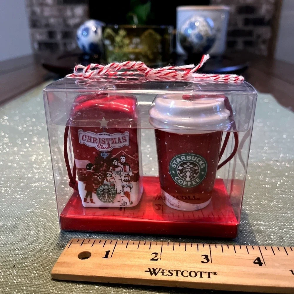 Starbucks 2007 Christmas Blend Coffee Ornament Set Of 2 Red Coffee Cup & Bag~New